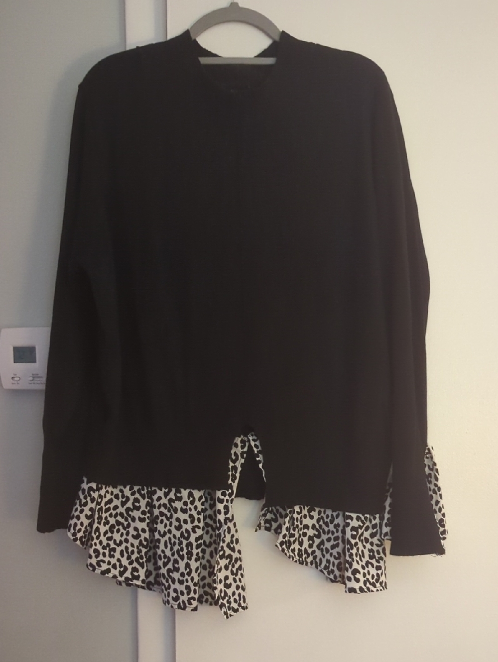 Ashley Stewart Black Sweater with Leopard Print Ruffle Hem